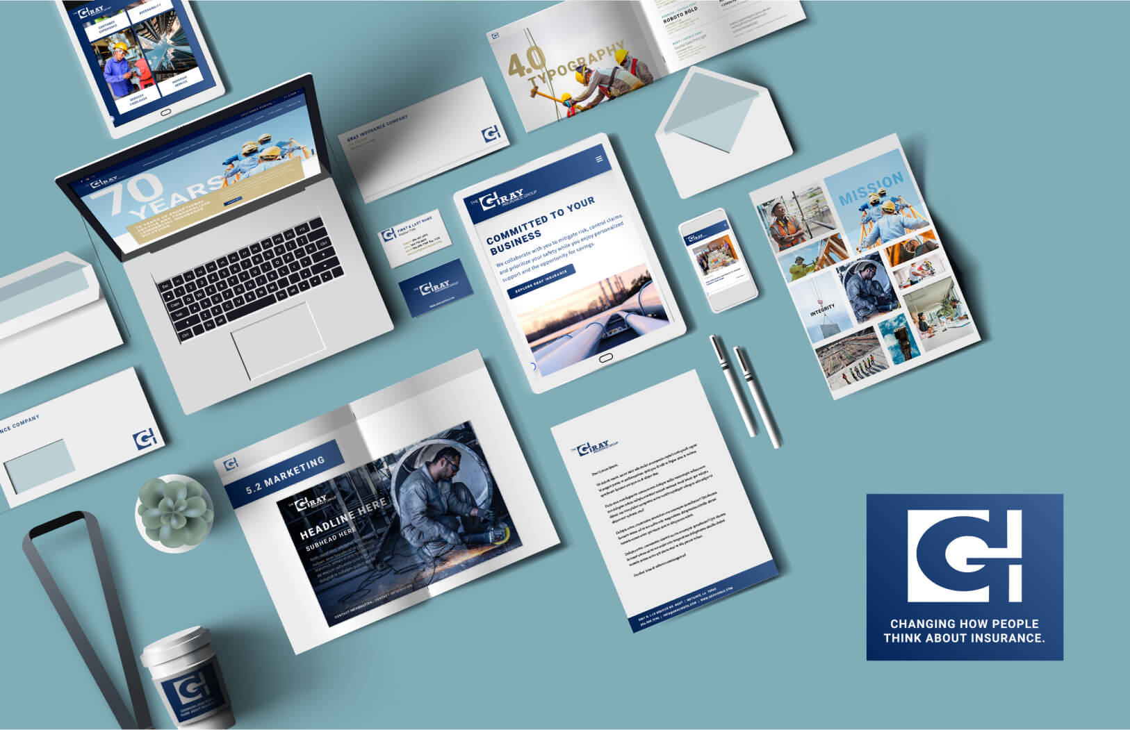 gray insurance company branding and website mockups